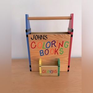 Coloring book/crayon wooden caddy perfect if you have a young artist named John